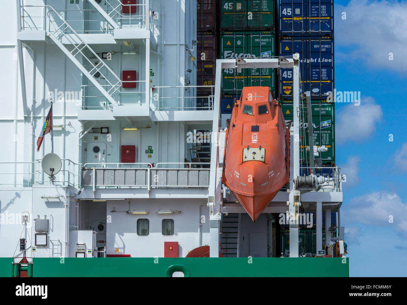 A freefall lifeboat on a container ship Stock Photo, Royalty Free Image