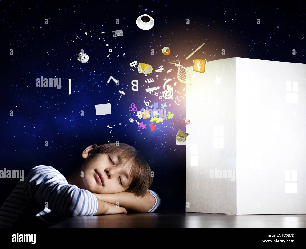 Cute little boy sleeping and dreaming about home Stock Photo, Royalty