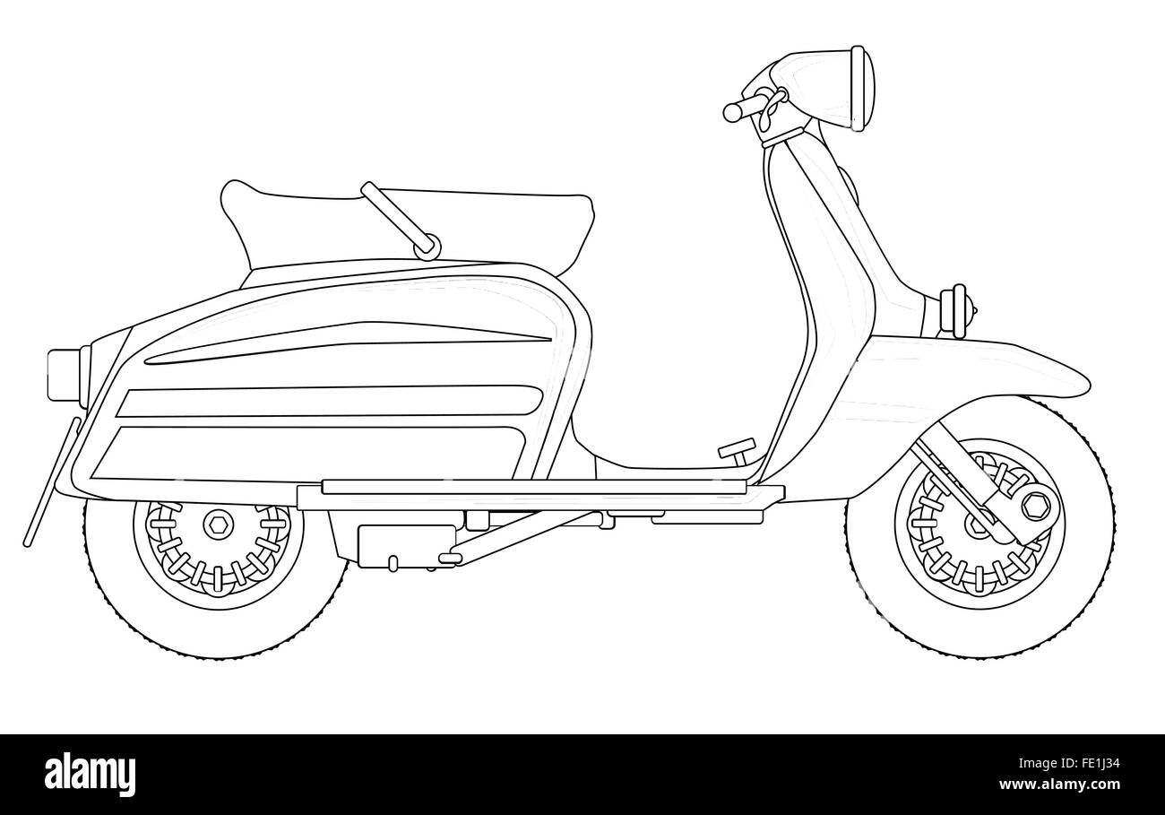 A Typical 1960 Style Motor Scooter In Outline Drawing Over White A Typical 1960 Style Motor Scooter In Outline Drawing Over White