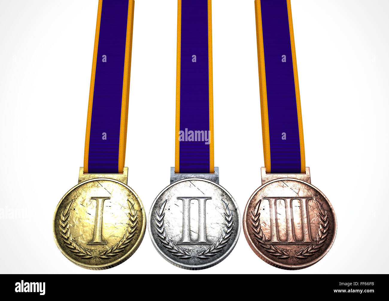 A Set Of Gold Silver And Bronze Medals With Ribbons On An Isolated