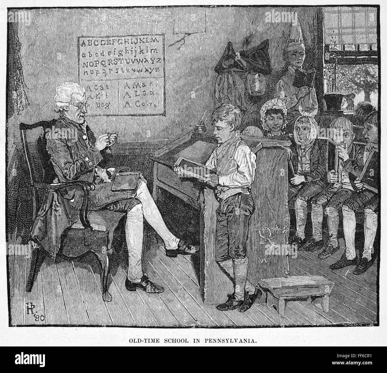 ELEMENTARY SCHOOL. /nA colonial schoolmaster and his pupils in 18th Stock Photo, Royalty Free