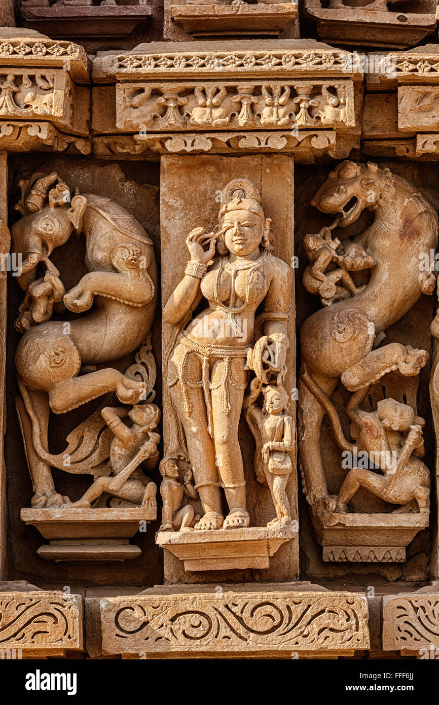 Sculptures on Adinath Jain Temple, Khajuraho Stock Photo, Royalty Free