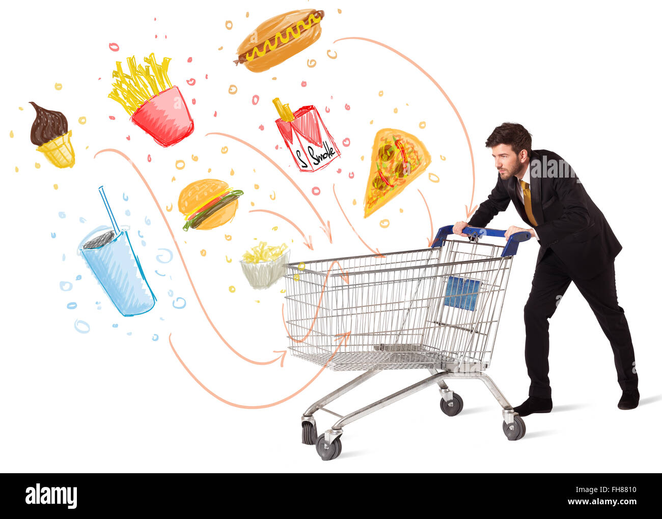 Man With Shopping Cart With Toxic Junk Food Stock Photo Alamy