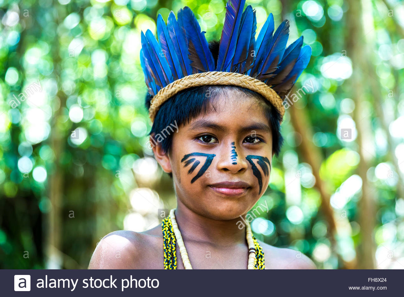 Native Brazilian boy at an indigenous tribe in the Amazon Stock Photo