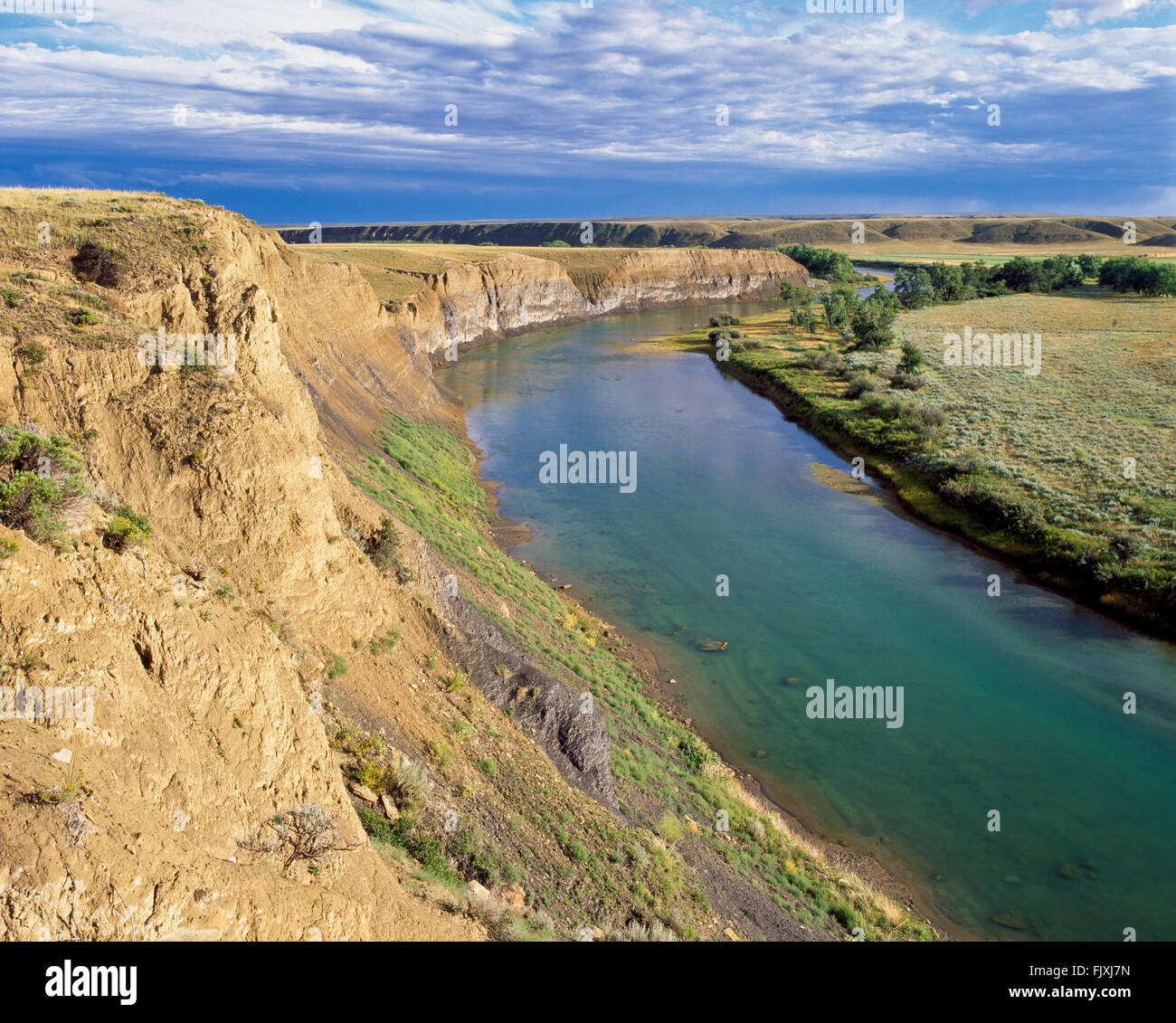 marias river flowing across the prairie below tiber reservoir near