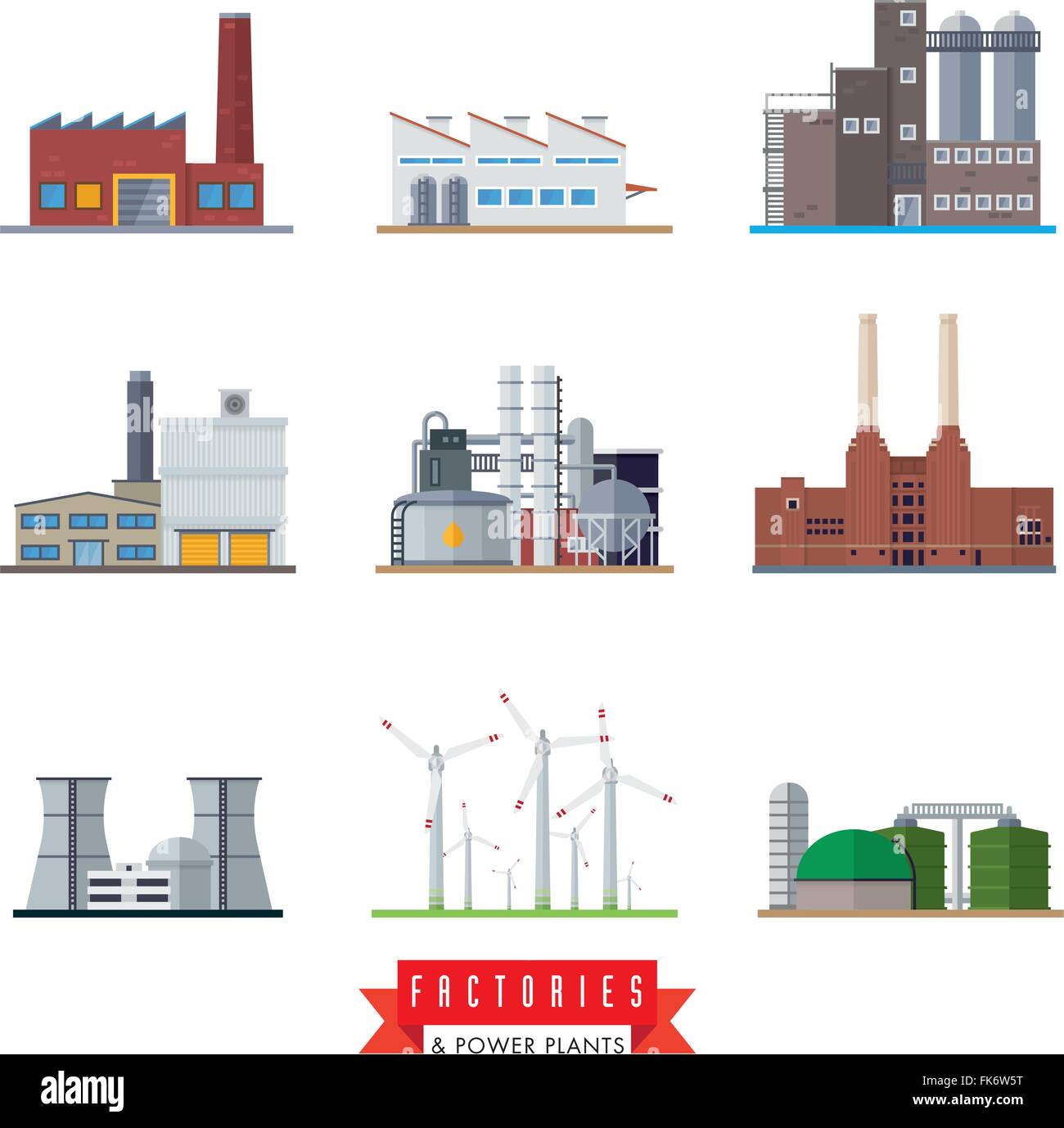 Set of 9 flat design factory and power plant vector icons Stock Vector