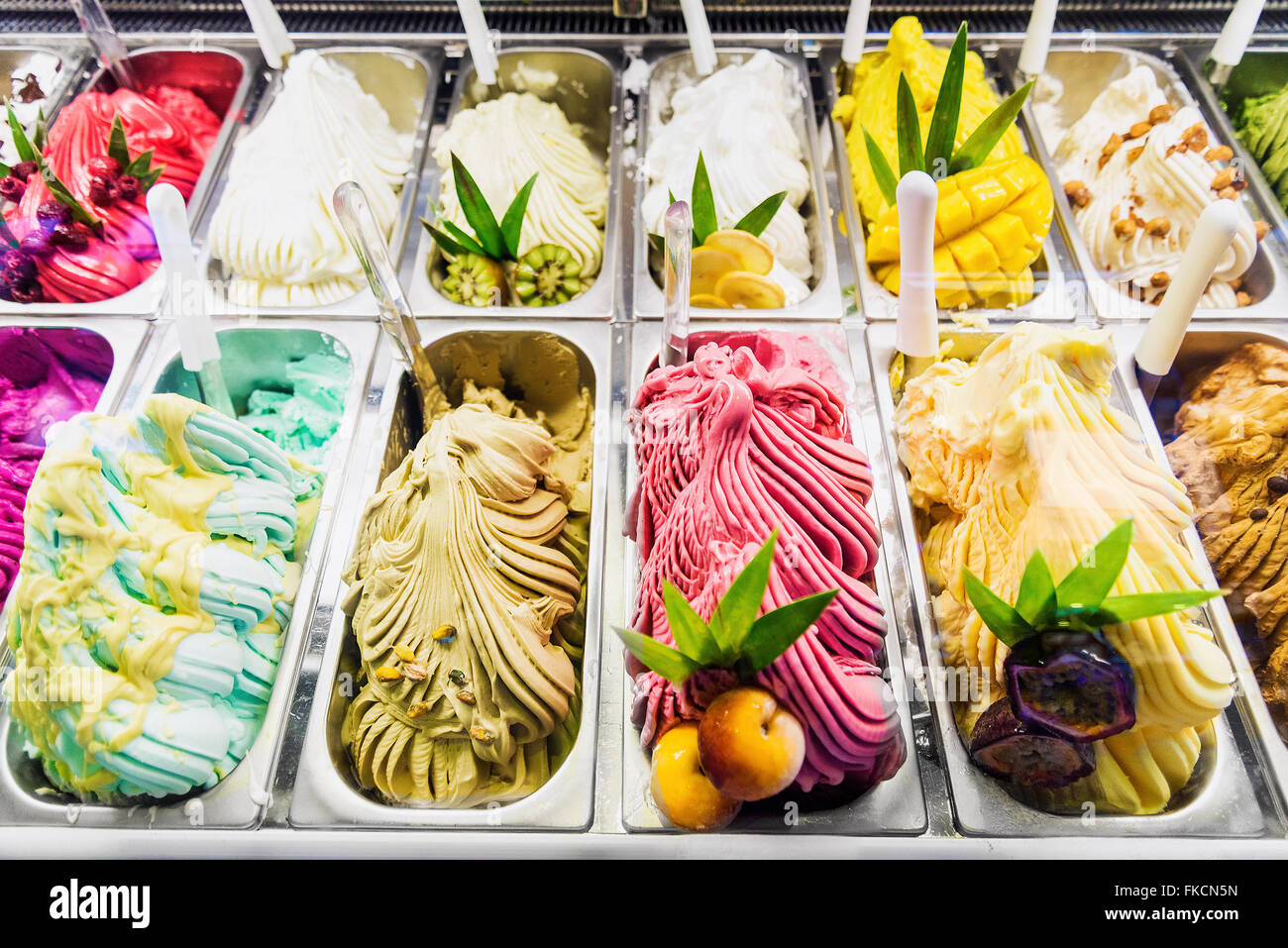 classic italian gourmet gelato gelatto ice cream display in shop Stock