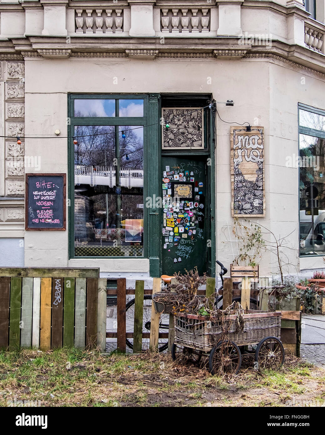 Berlin, Kreuzberg, FriedrichshainKreuzberg. Mano bar exterior, Old