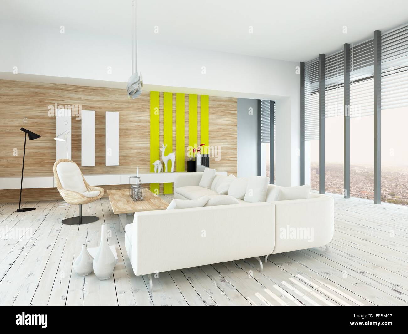 Bright Airy Living Room With Rustic Decor Wood Veneered Walls White Painted Floorboards Modern Lounge Suite And Chair Yellow Accents Bright Airy Living Room With Rustic Decor Wood Veneered Walls White Painted Floorboards Modern Lounge Suite And Chair Yellow Accents