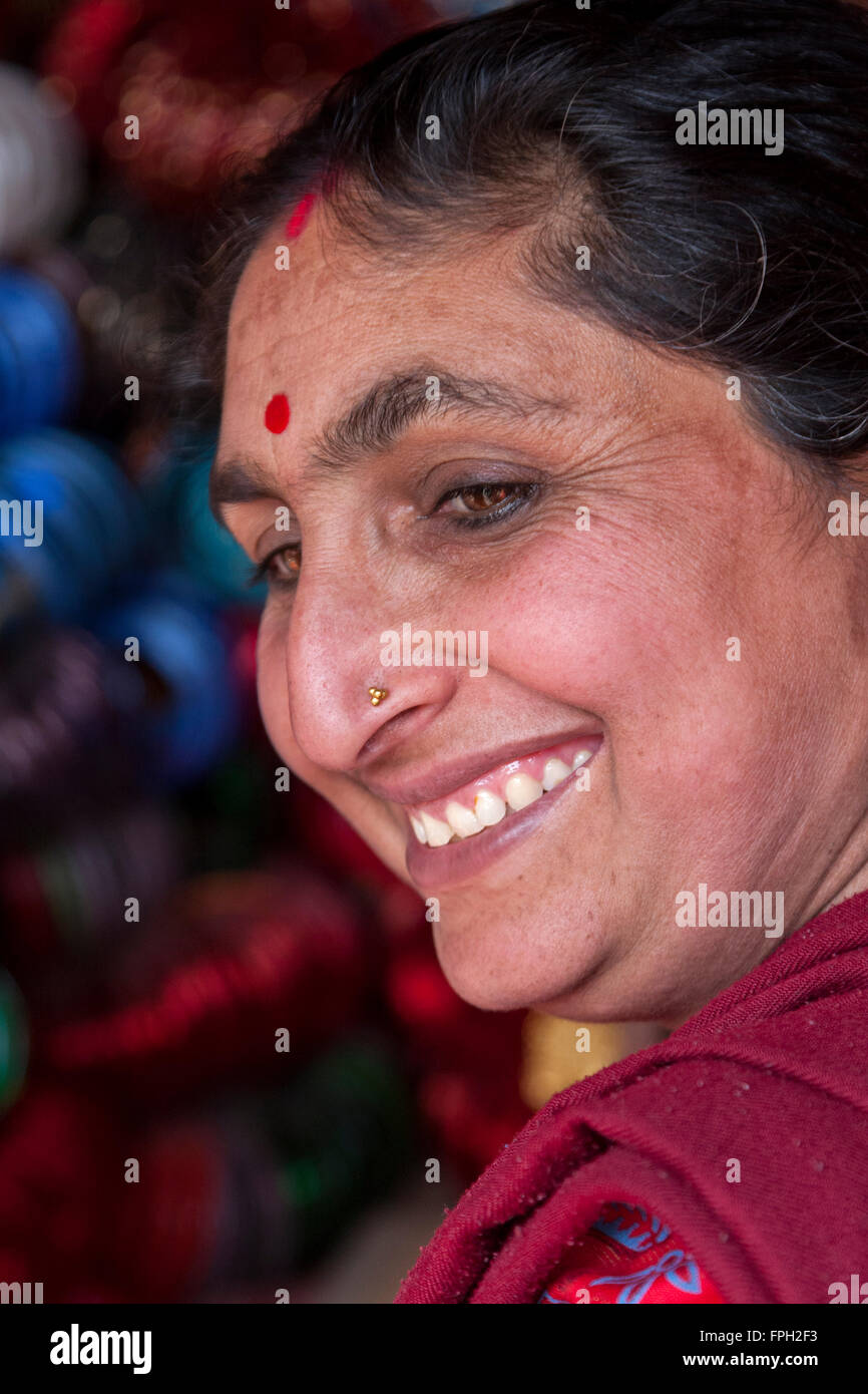 Nepal, Patan. Nepalese Woman with Bindi between eyebrows, tika in Stock