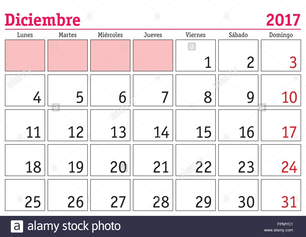 December month in a year 2017 wall calendar in spanish. Diciembre Stock