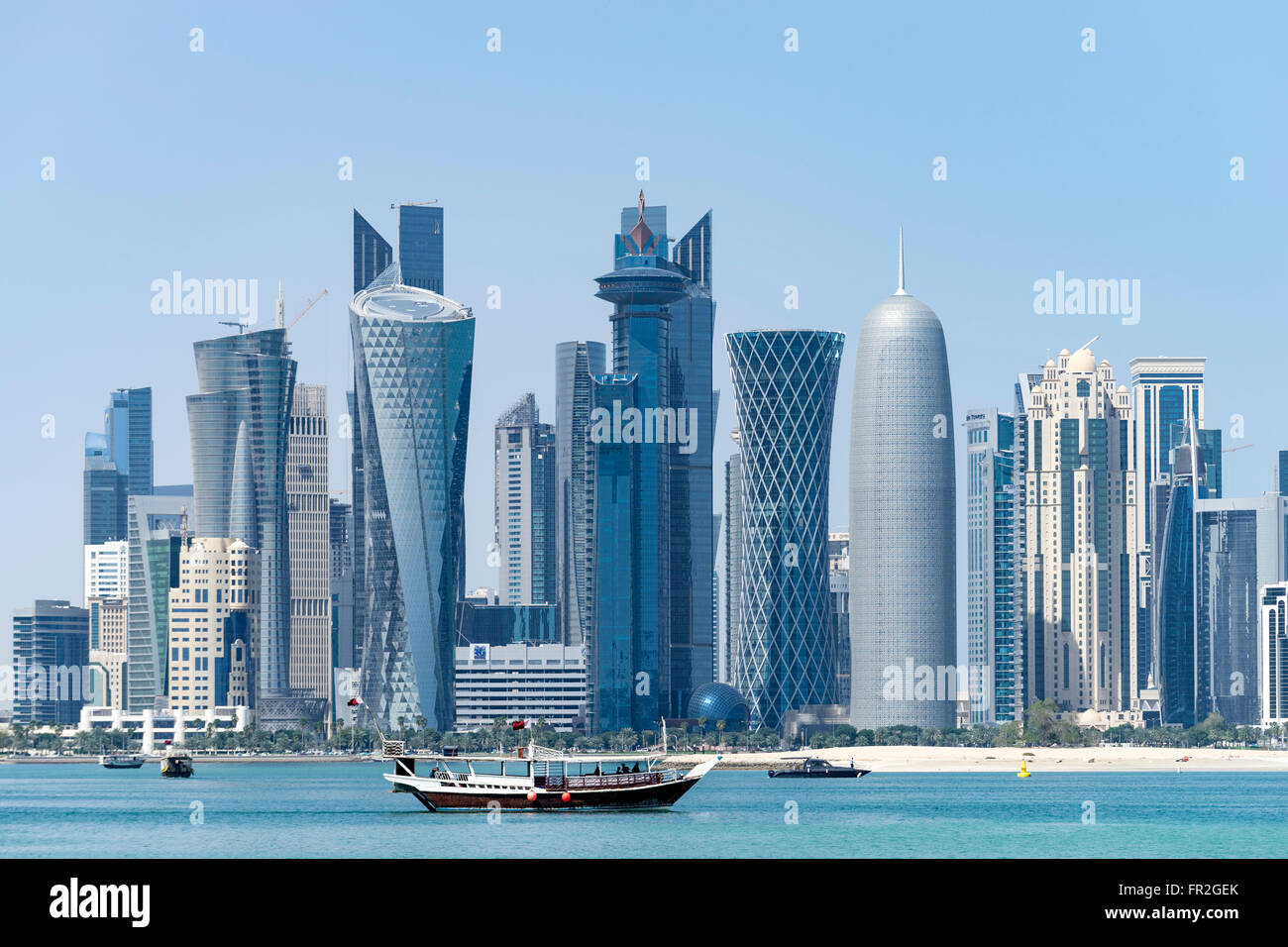 View along waterfront of Corniche towards modern office towers in View along waterfront of Corniche towards modern office towers in