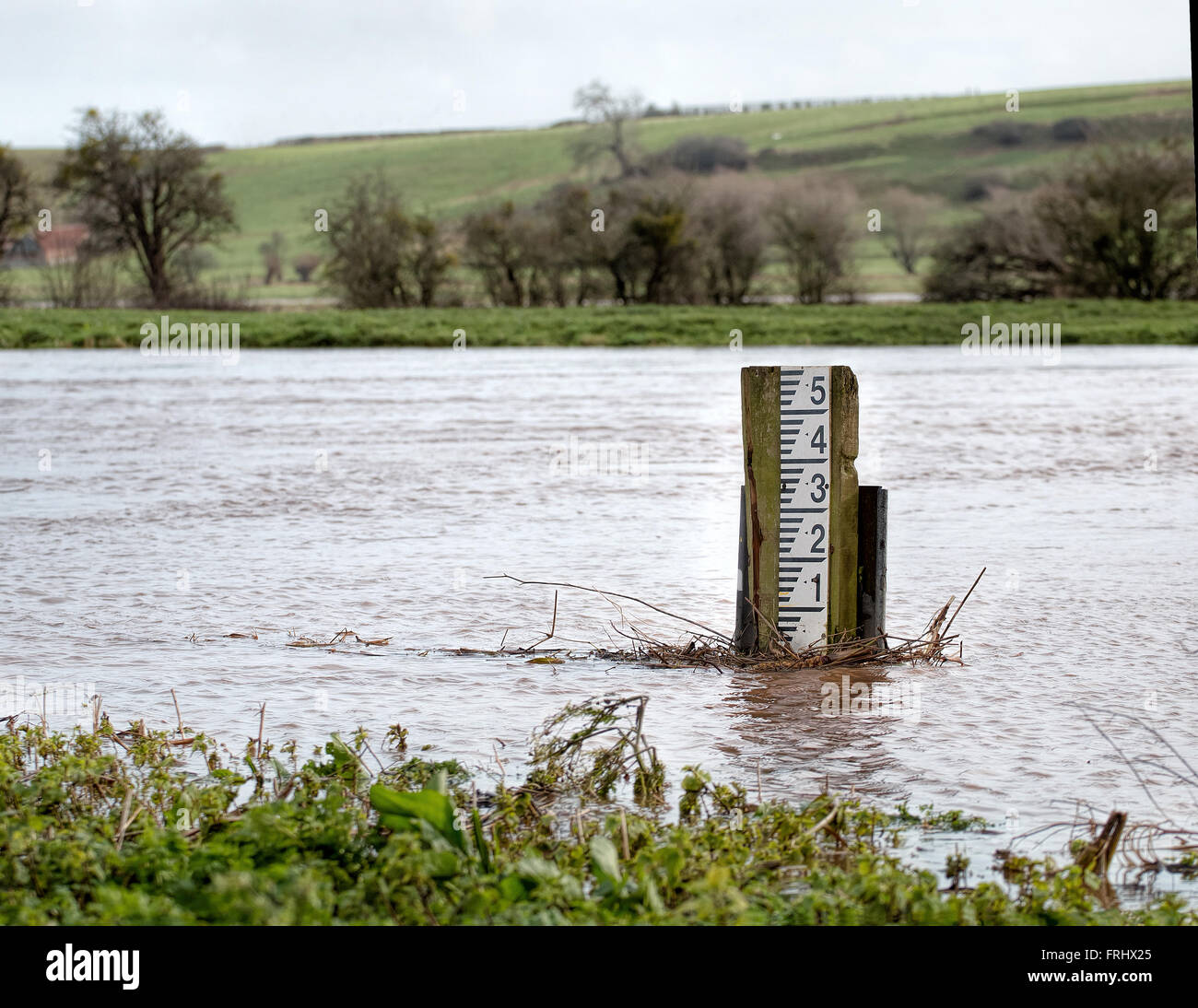 River Level Marker Gauge For Measurement. High River Levels Stock Photo