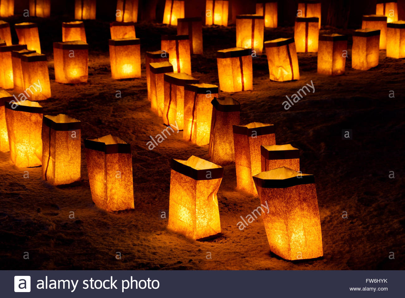Christmas Eve Luminarias, Santa Fe, New Mexico Stock Photo, Royalty