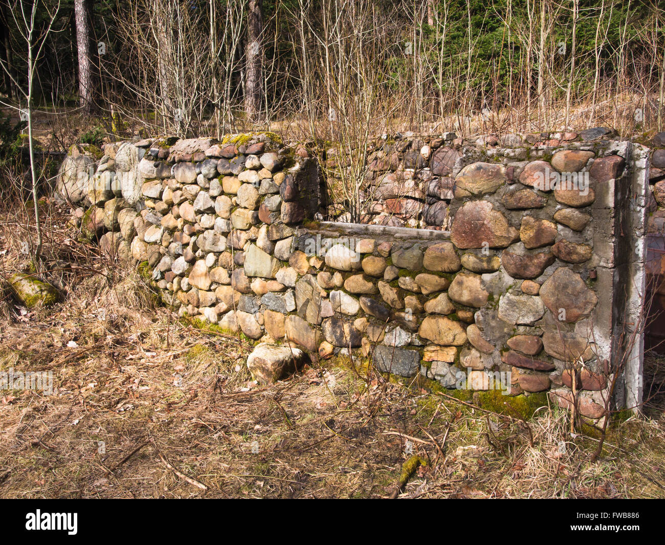 Ruin of farm building, stone wall foundation is all that is left when