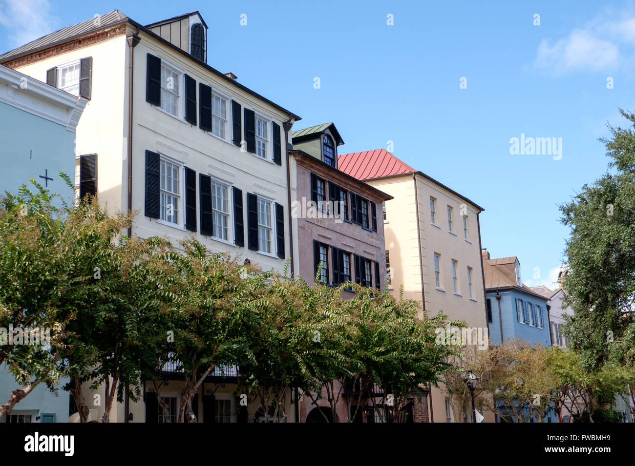 Colorful historic houses, Rainbow Row, Charleston, South Carolina Stock