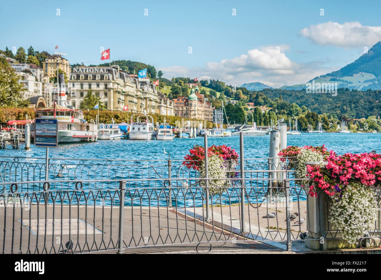Schweizerhofquai lakeshore of Lake Lucerne in Summer, Lucerne Stock