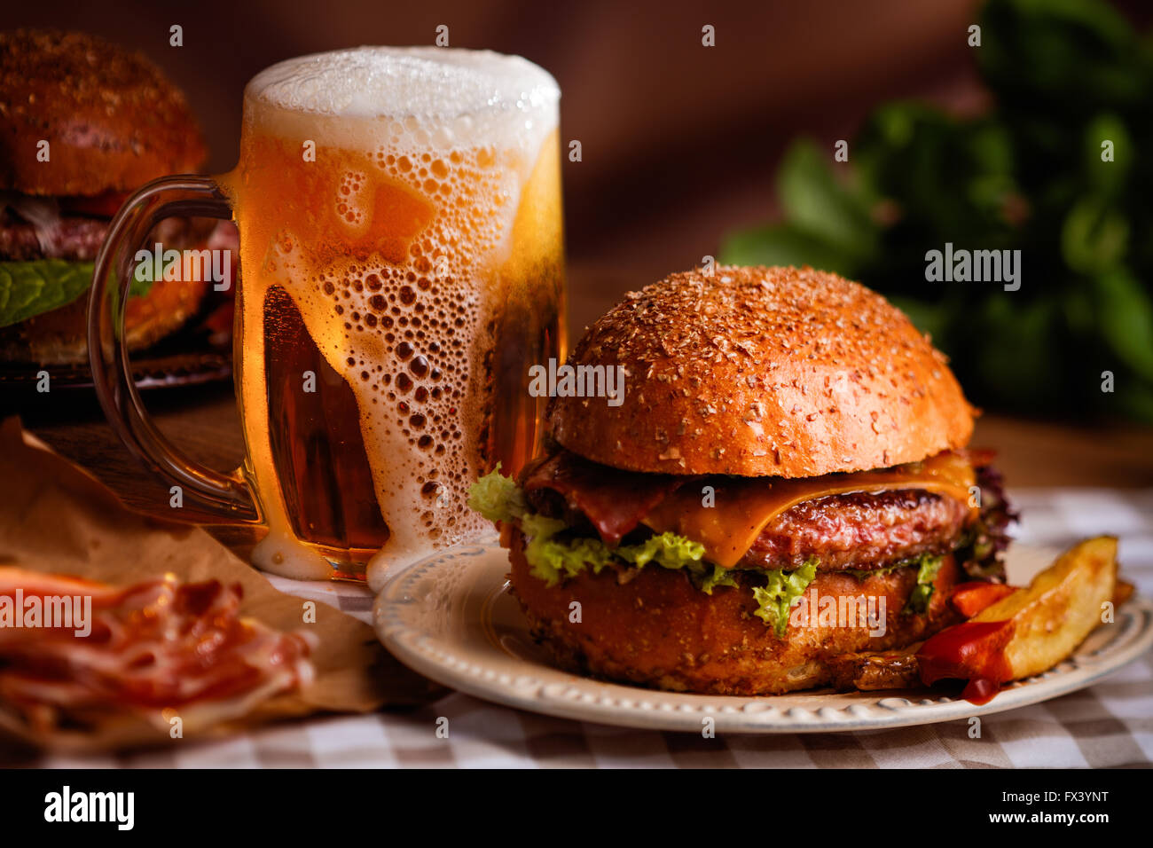 dinner with burger and beer Stock Photo, Royalty Free Image 102120532 Alamy