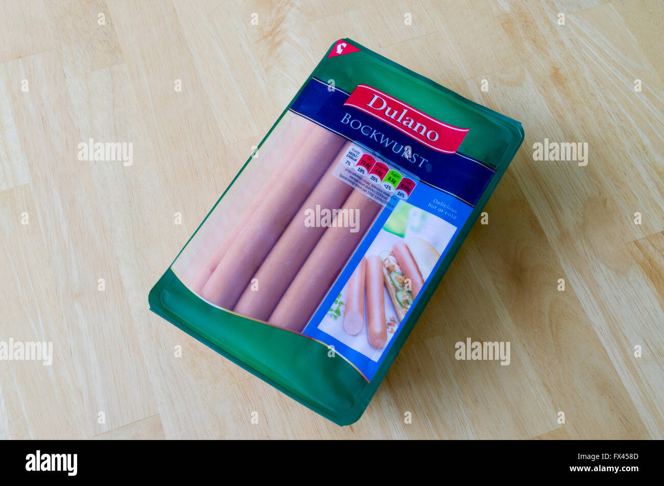 Pack of Dulano Bockwurst Sausages, UK Stock Photo, Royalty Free Image