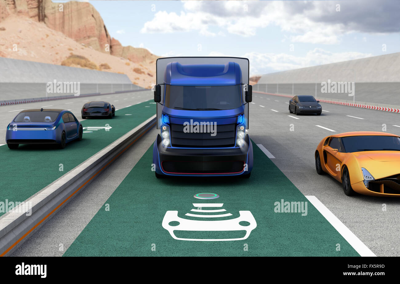 Hybrid truck and blue electric car on wireless charging lane. 3D Stock