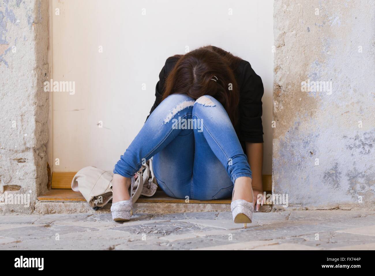 Desperate Teen Girl Or Drunk Sad Abandoned Sitting Hiding Face I