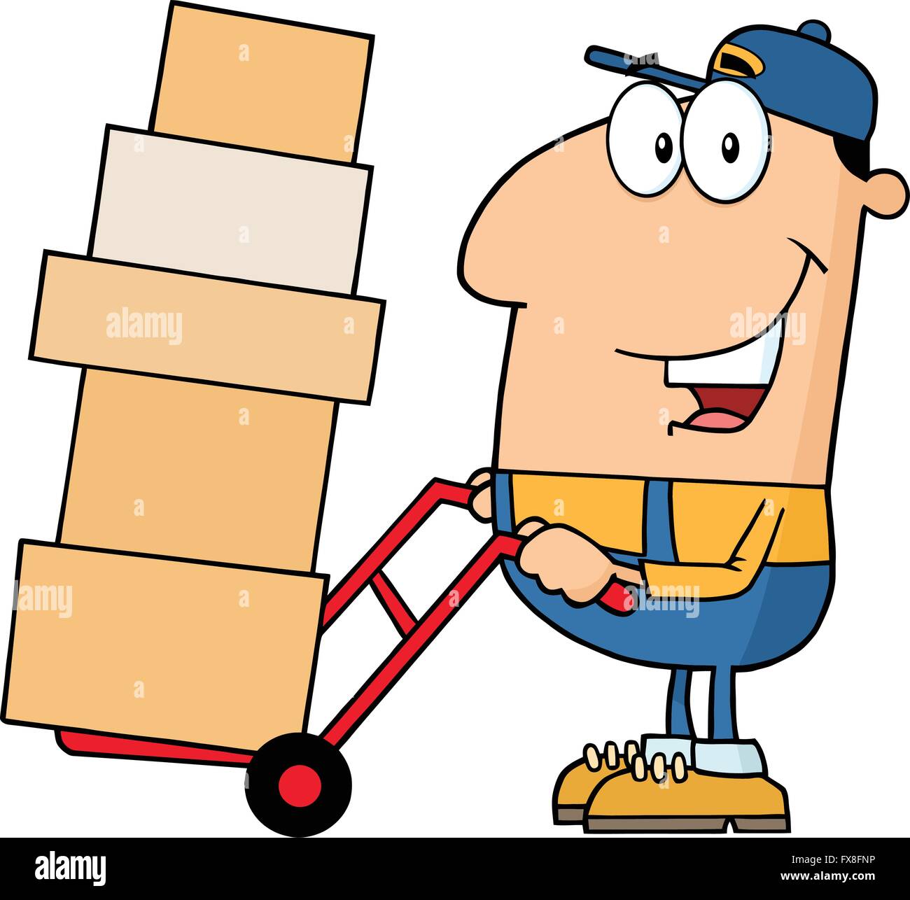 Delivery Man Cartoon Character Using A Dolly To Move Boxes Stock Vector