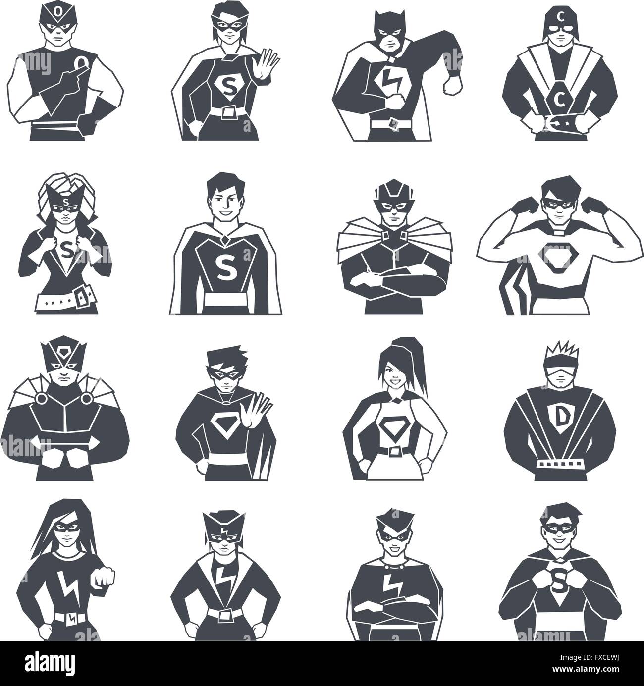 Superhero Black White Icons Set Stock Vector Art & Illustration, Vector