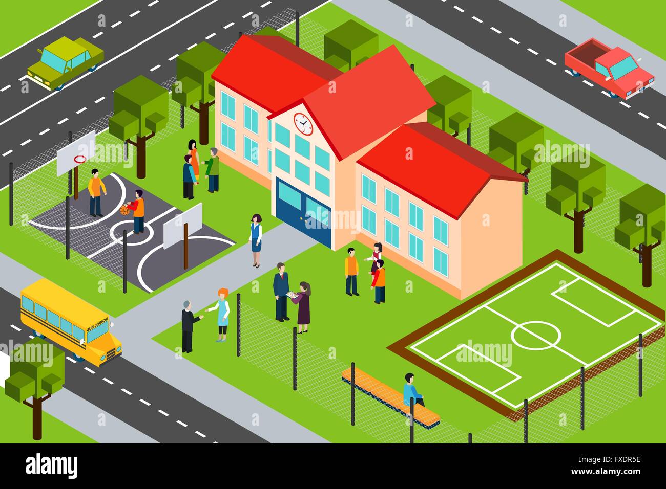 School building area isometric composition poster Stock Vector Art