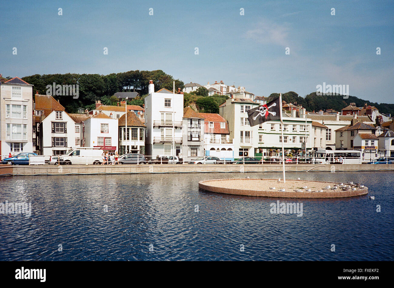 Hastings UK seafront in summer, with boating lake Stock Photo
