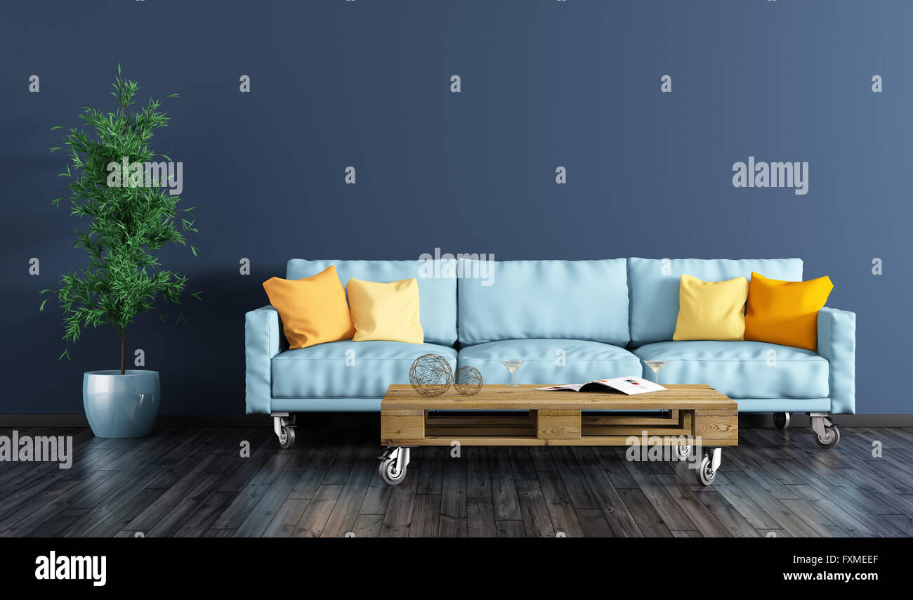 Modern Interior Of Living Room With Navy Blue Wall Sofa Pallet Modern Interior Of Living Room With Navy Blue Wall Sofa Pallet