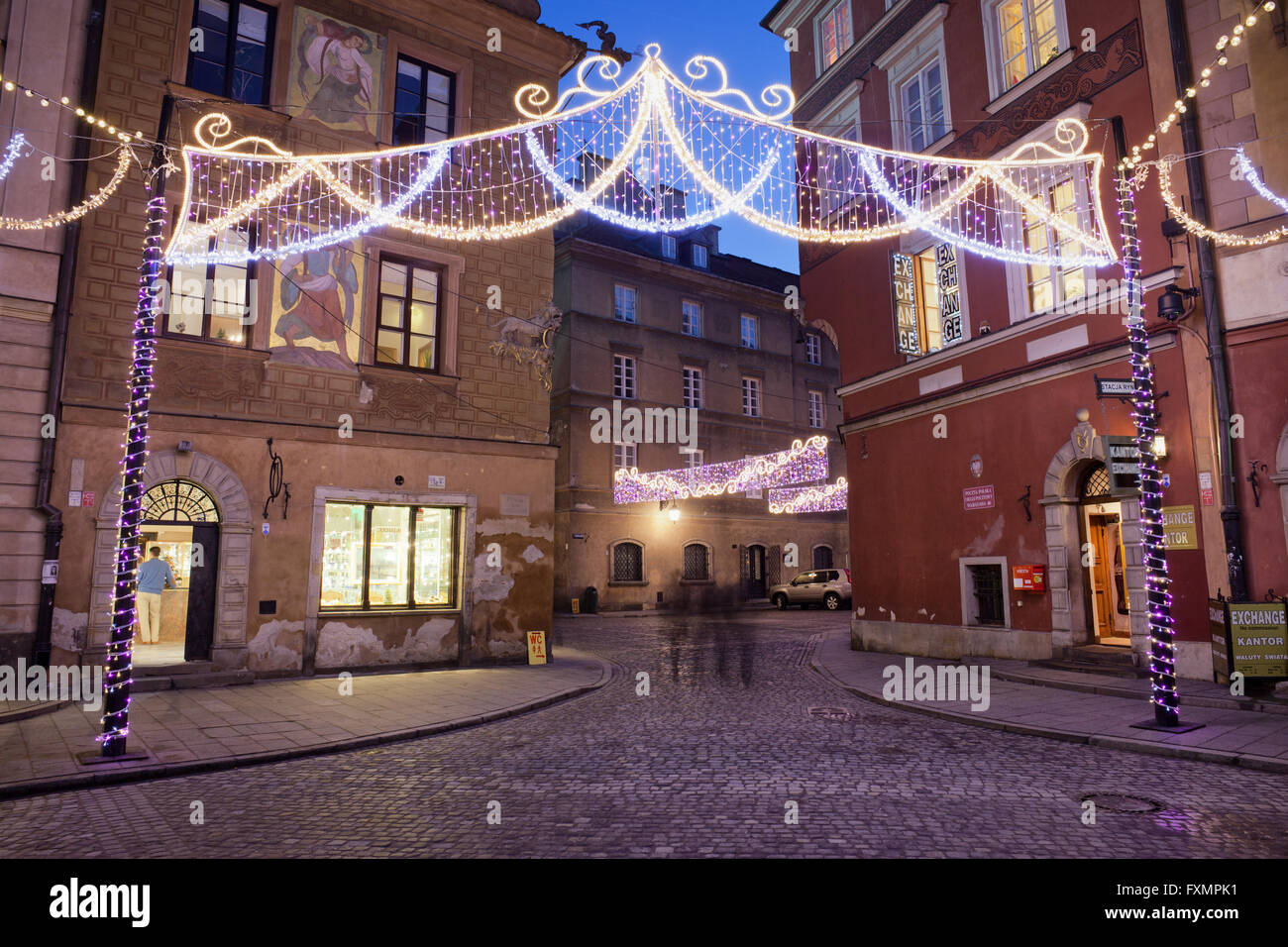 City of Warsaw by night in Poland, Old Town, Christmas lights Stock