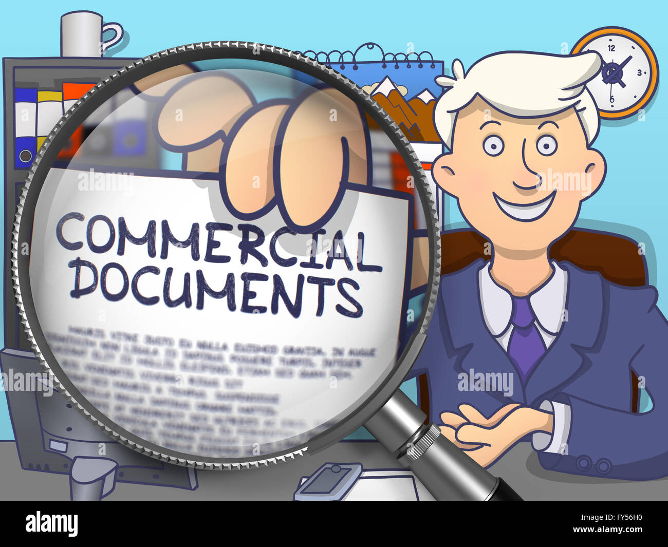 Commercial Documents through Magnifier. Doodle Style Stock Photo