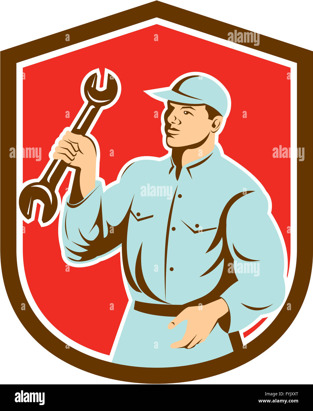 Mechanic Holding Spanner Wrench Shield Retro Stock Photo Alamy