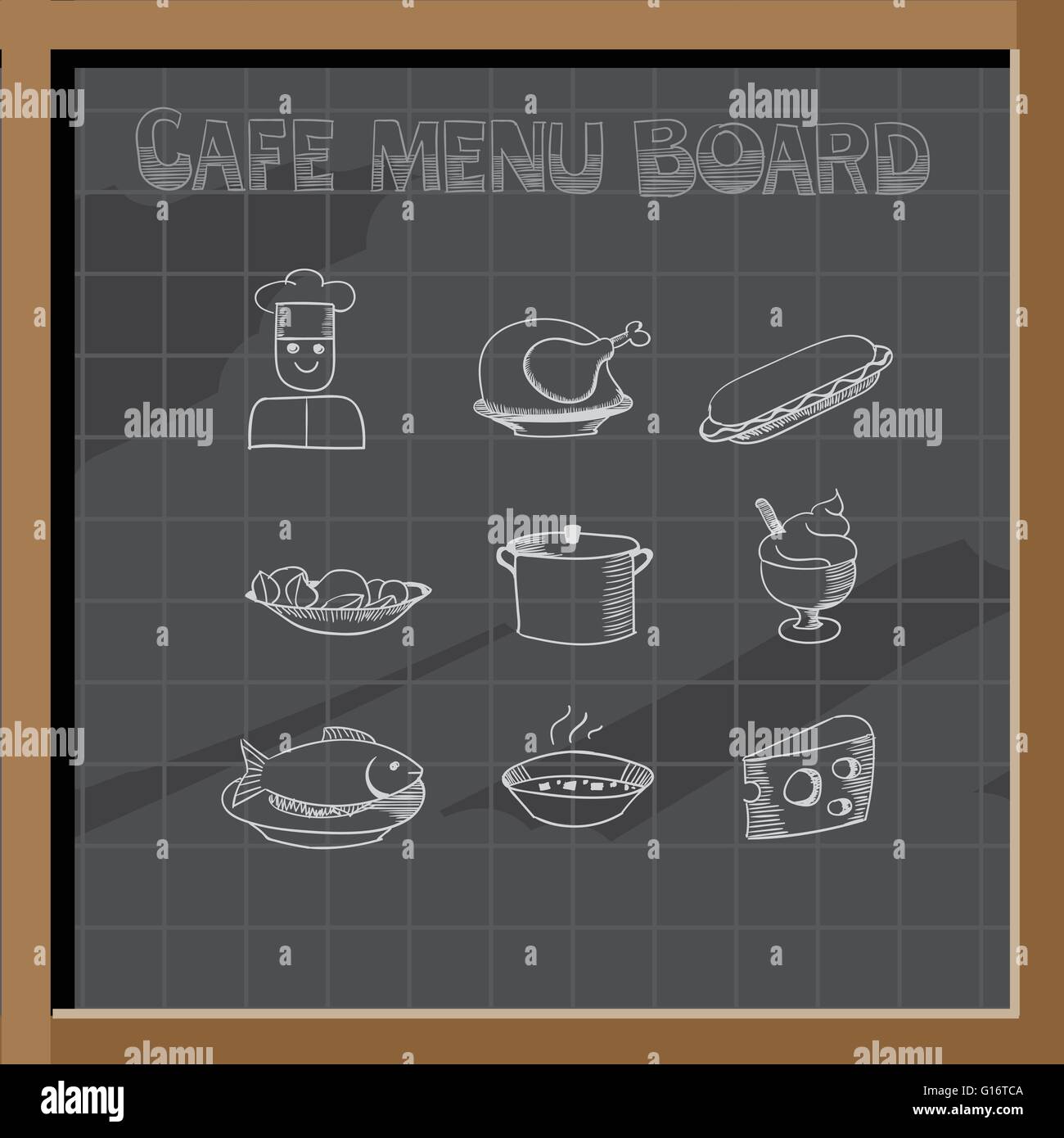 hand drawn cafe menu board signs and food collection on chalkboard G16TCA