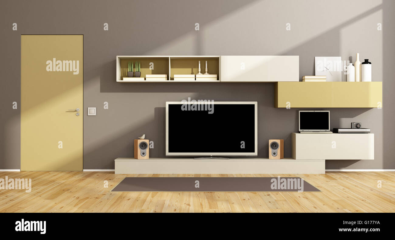 Modern Living Room With Wall Unit Tv Set And Closed Door 3d
