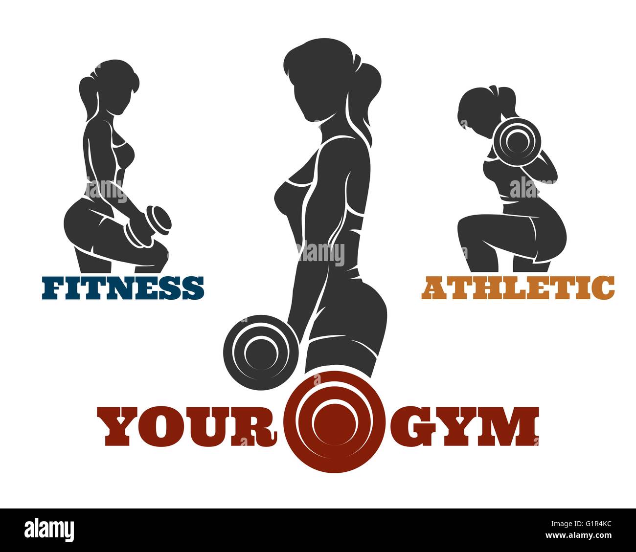 SEARCH AND BUY THIS PRODUCT Fitness and gym logo set. Athletic women silhouettes. Fitness club Stock Vector Art