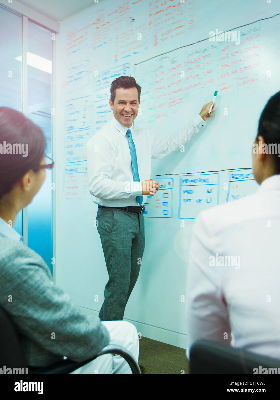 Businessman leading meeting at whiteboard in conference room Stock