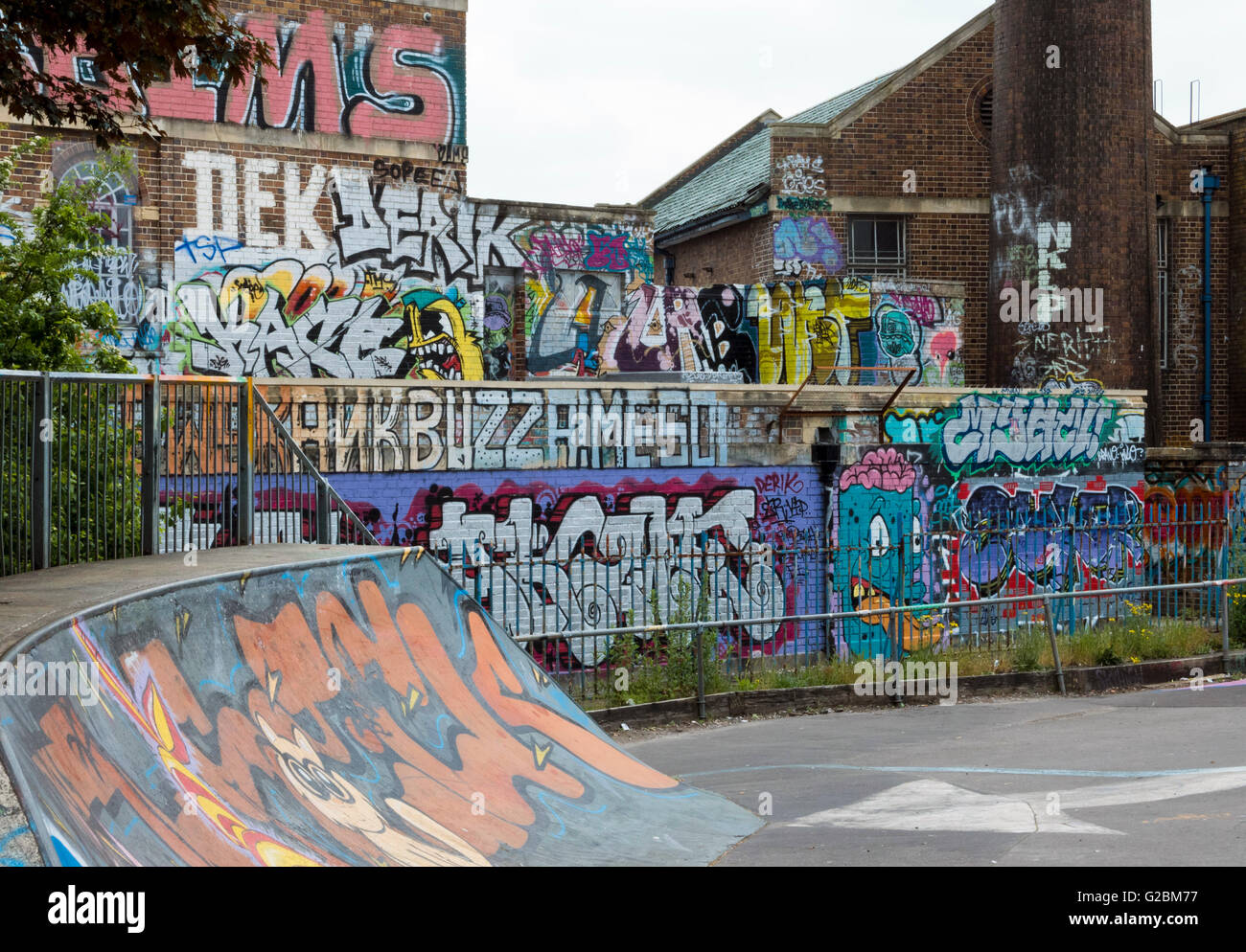 Grafitti at Dean Lane skatepark, Bedminster, Bristol, UK Stock Photo