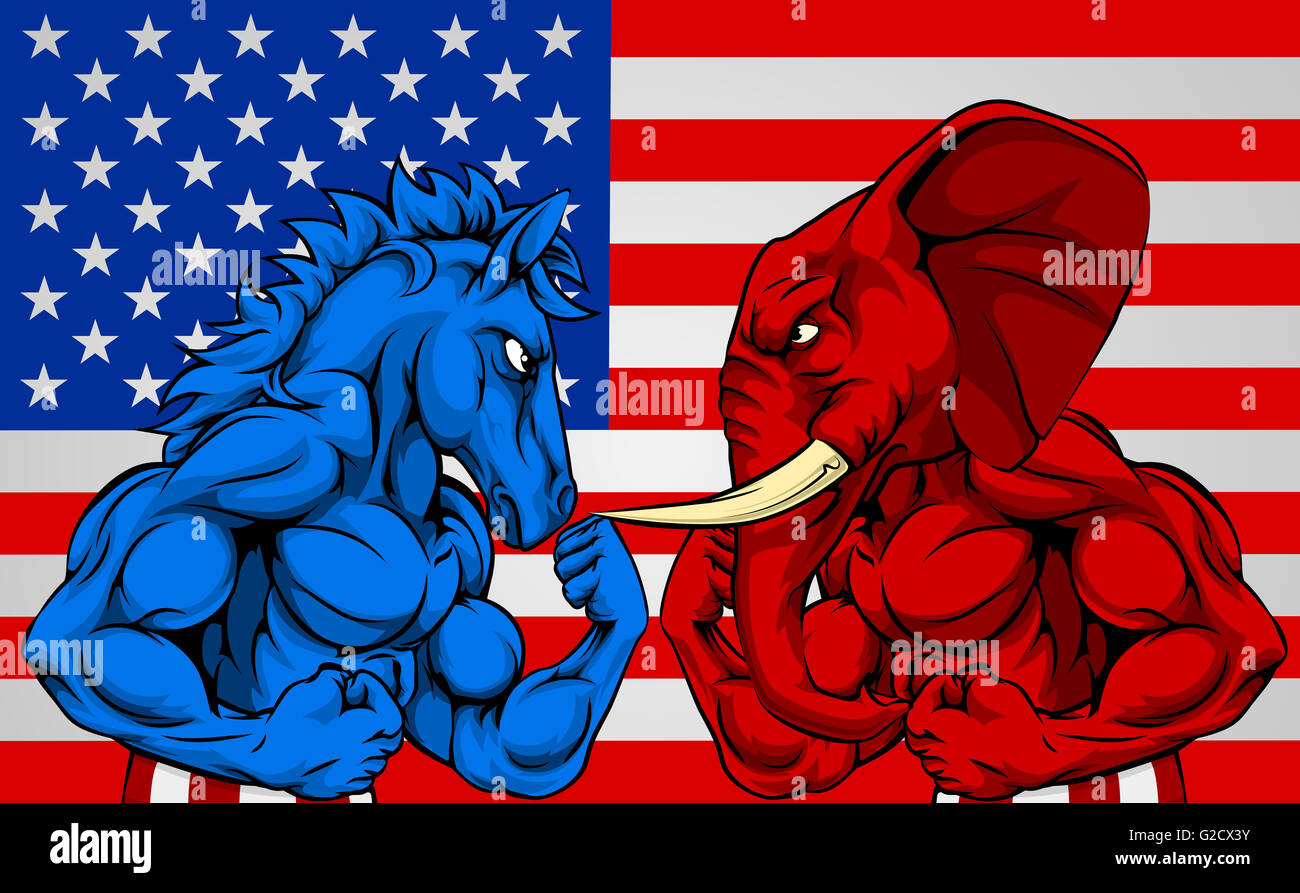 A blue donkey and red elephant fighting in front of an American flag Stock Photo ...1300 x 893