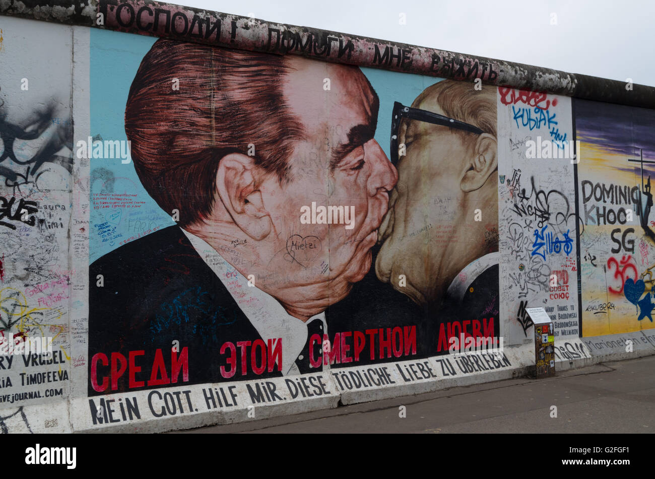 Berlin wall graffiti, East Side Gallery, The Kiss Stock Photo ...