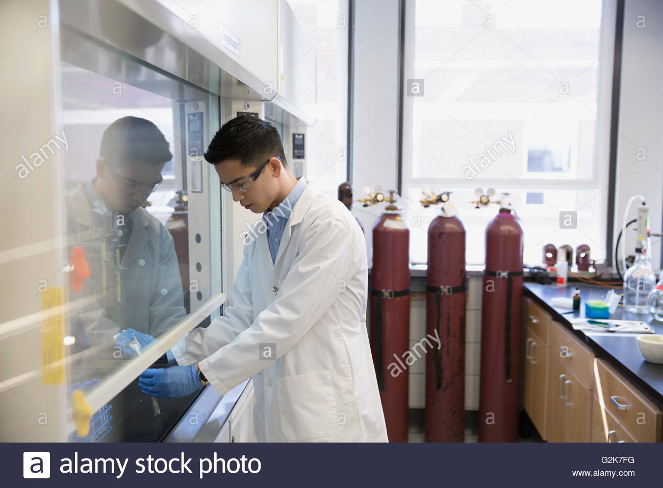 Scientist working at fume hood in laboratory Stock Photo, Royalty Free