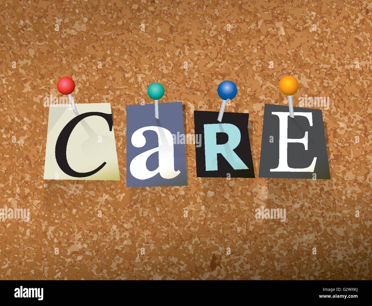 The word "CARE" written in cut ransom note style paper letters and