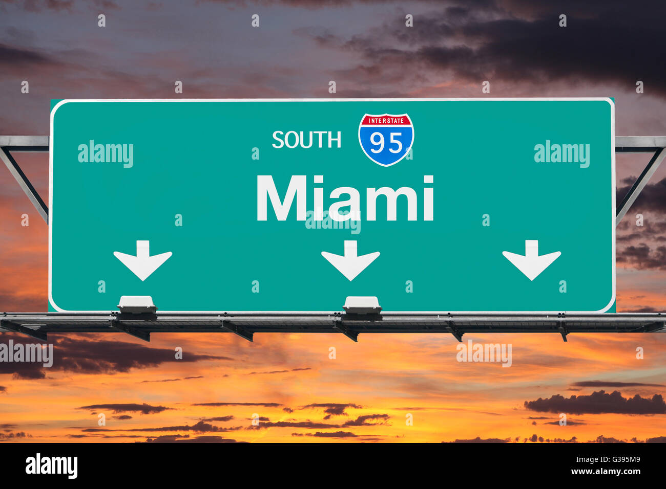 Interstate 95 South To Miami Highway Sign With Sunrise Sky