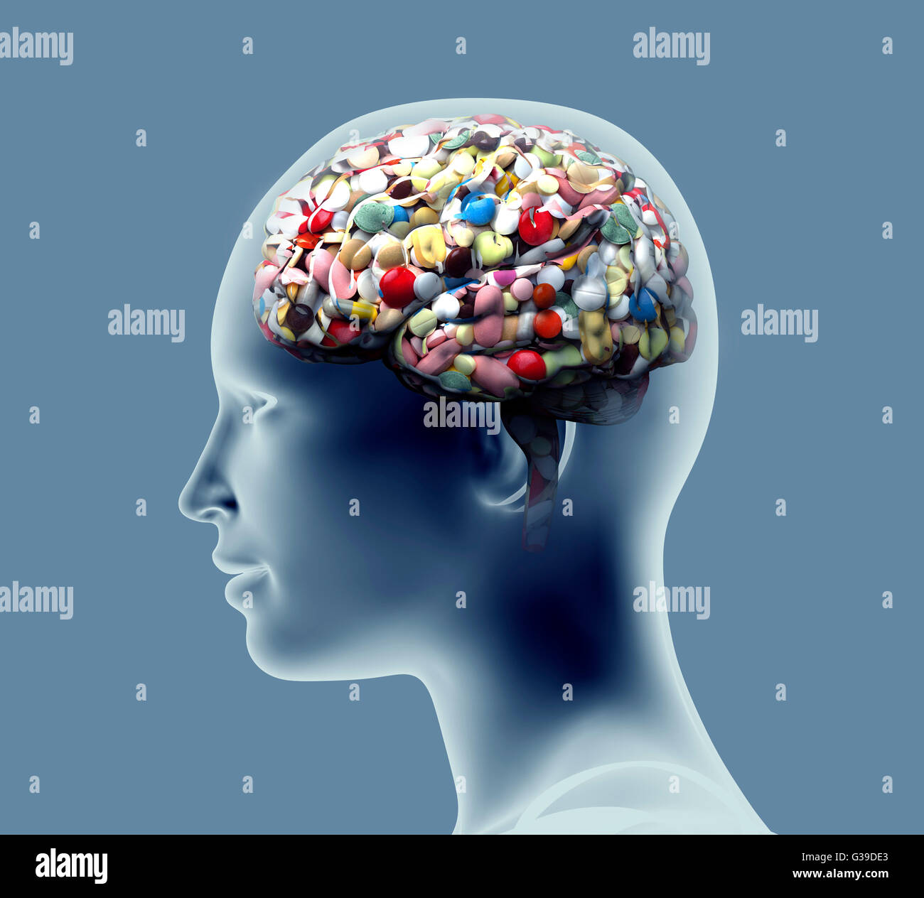 xray of human head with pills and drugs for brain Stock Photo, Royalty