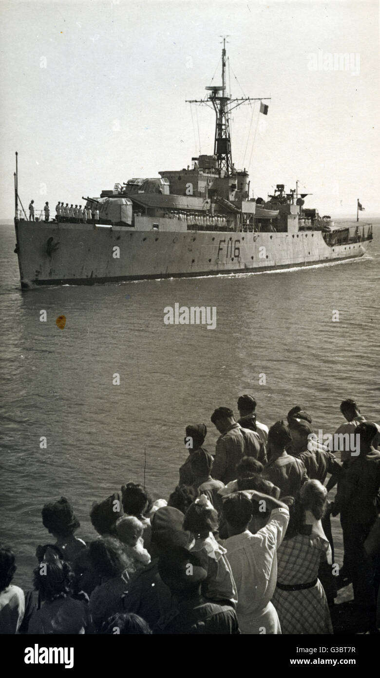 HMS Amethyst (F116), British modified Black Swan class sloop, seen