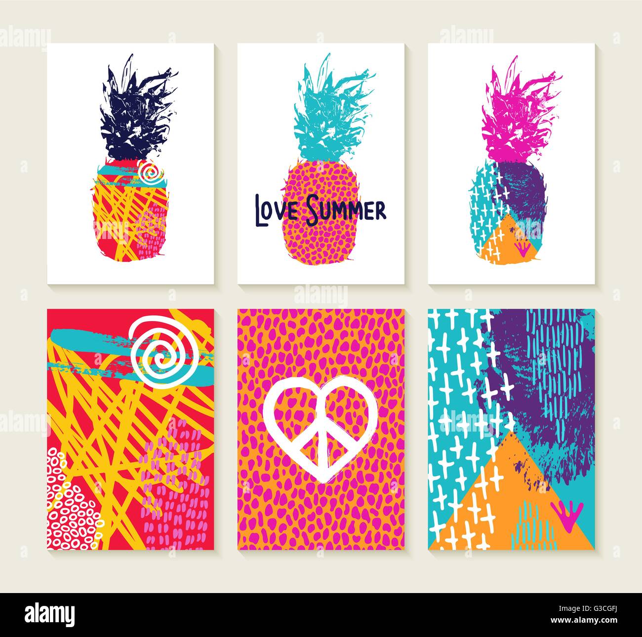 80s Designs set of happy colorful summer greeting card designs with 80s style 80s Designs set of happy colorful summer greeting card designs with 80s style
