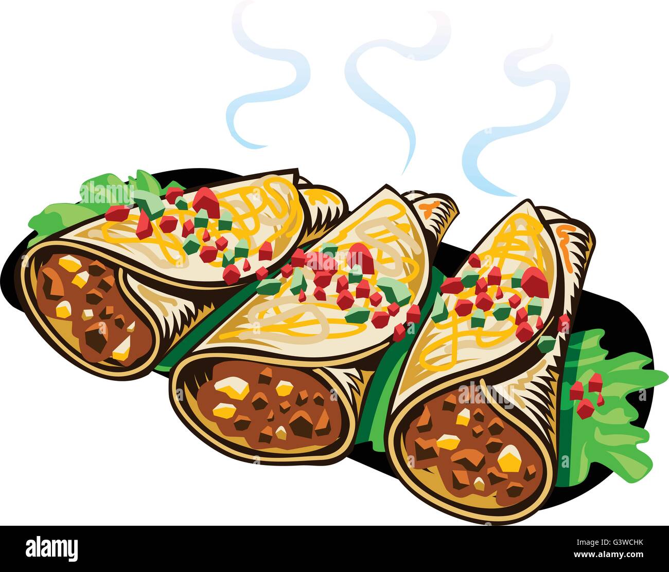 Bean burritos served on a cast iron plate Stock Vector Art