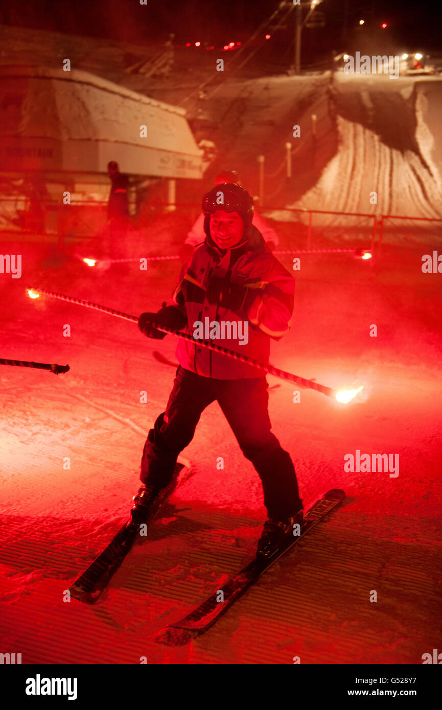 The new year's eve torchlight parade down Whistler Mountain Stock Photo