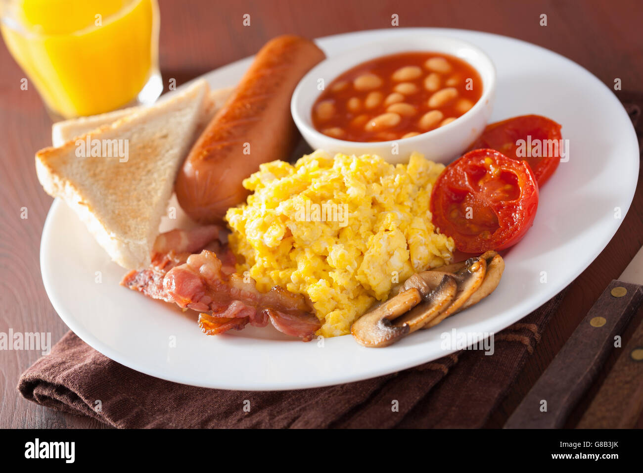 Full English Breakfast With Scrambled Eggs Bacon Sausage Beans