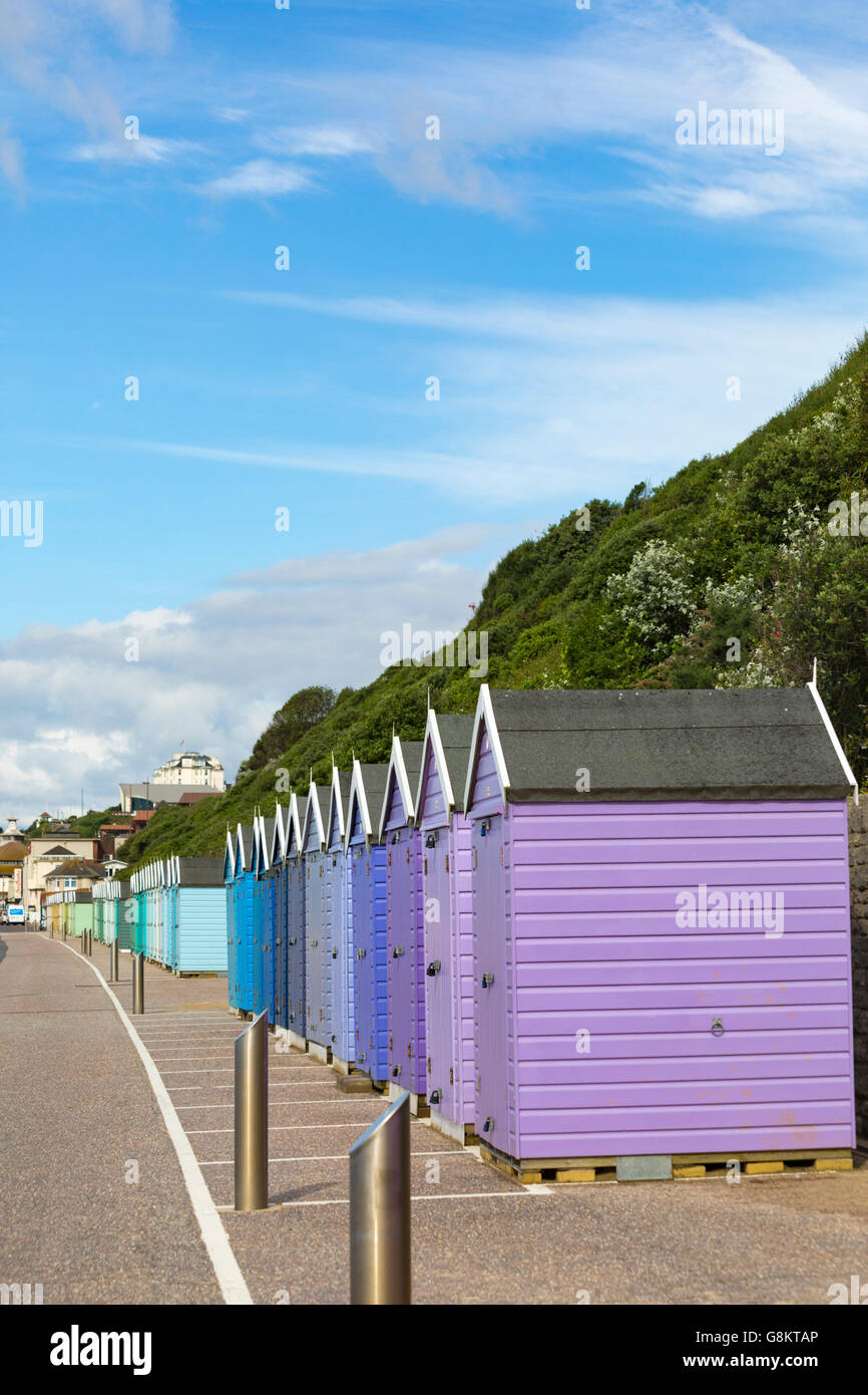 Shades Of Purple Mauve And Blue Beach Huts On Promenade Between